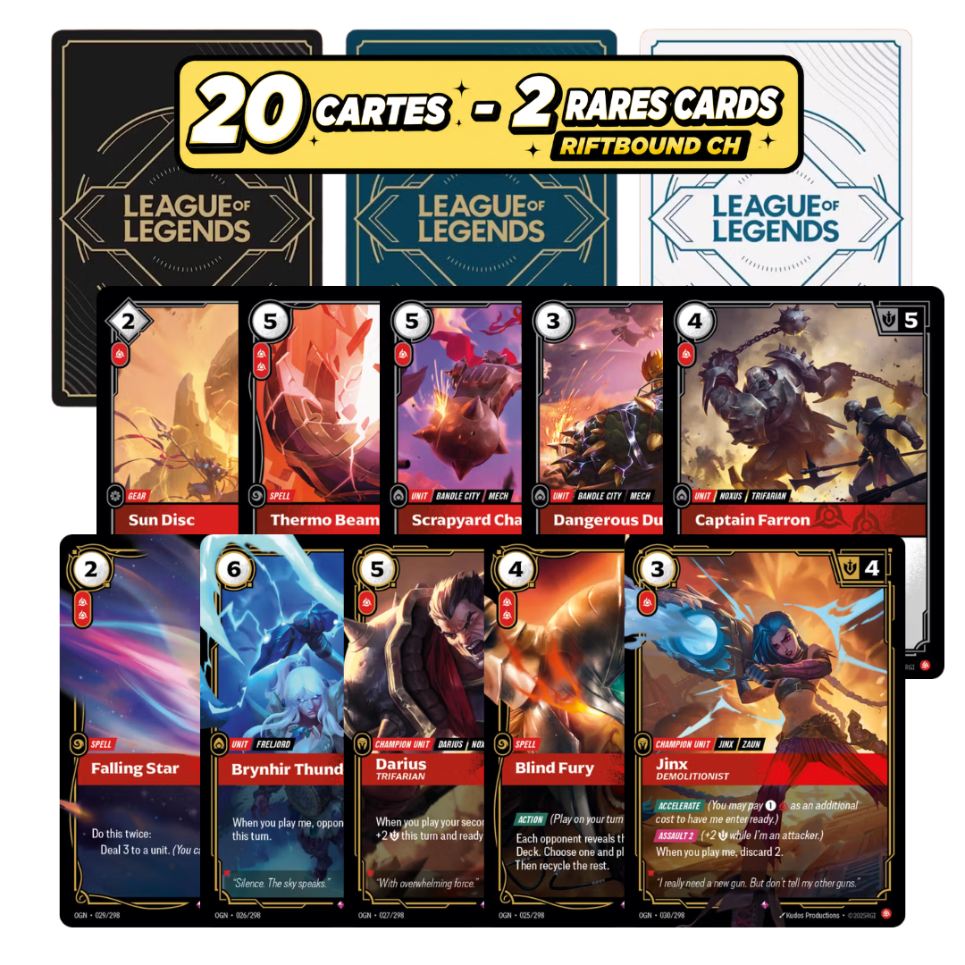 Détail des cartes Riftbound chinoises du lot 20 — édition CH officielle Riot Games, sans doublon