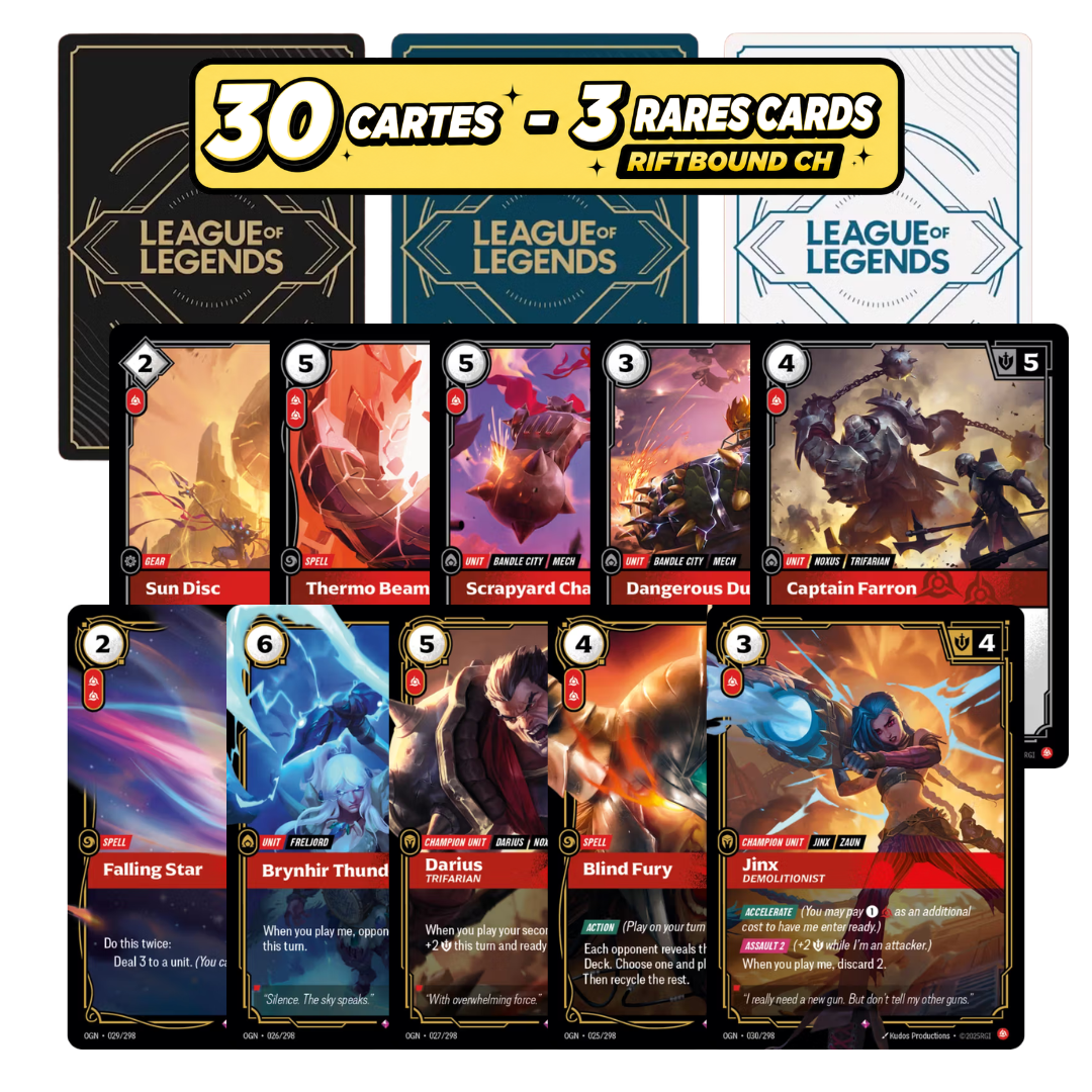 Détail des cartes Riftbound chinoises du lot 30 — édition CH officielle Riot Games, sans doublon