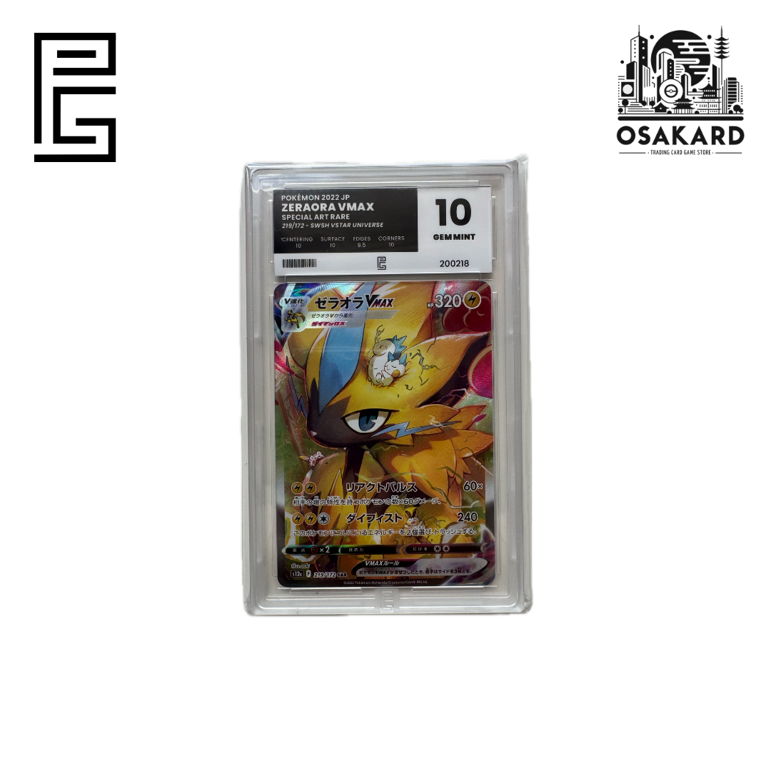Carte Pokémon Zeraora VMax 219/172 du set S12A en japonais, gradée Pure Grading 10 Gem Mint, slab scellé