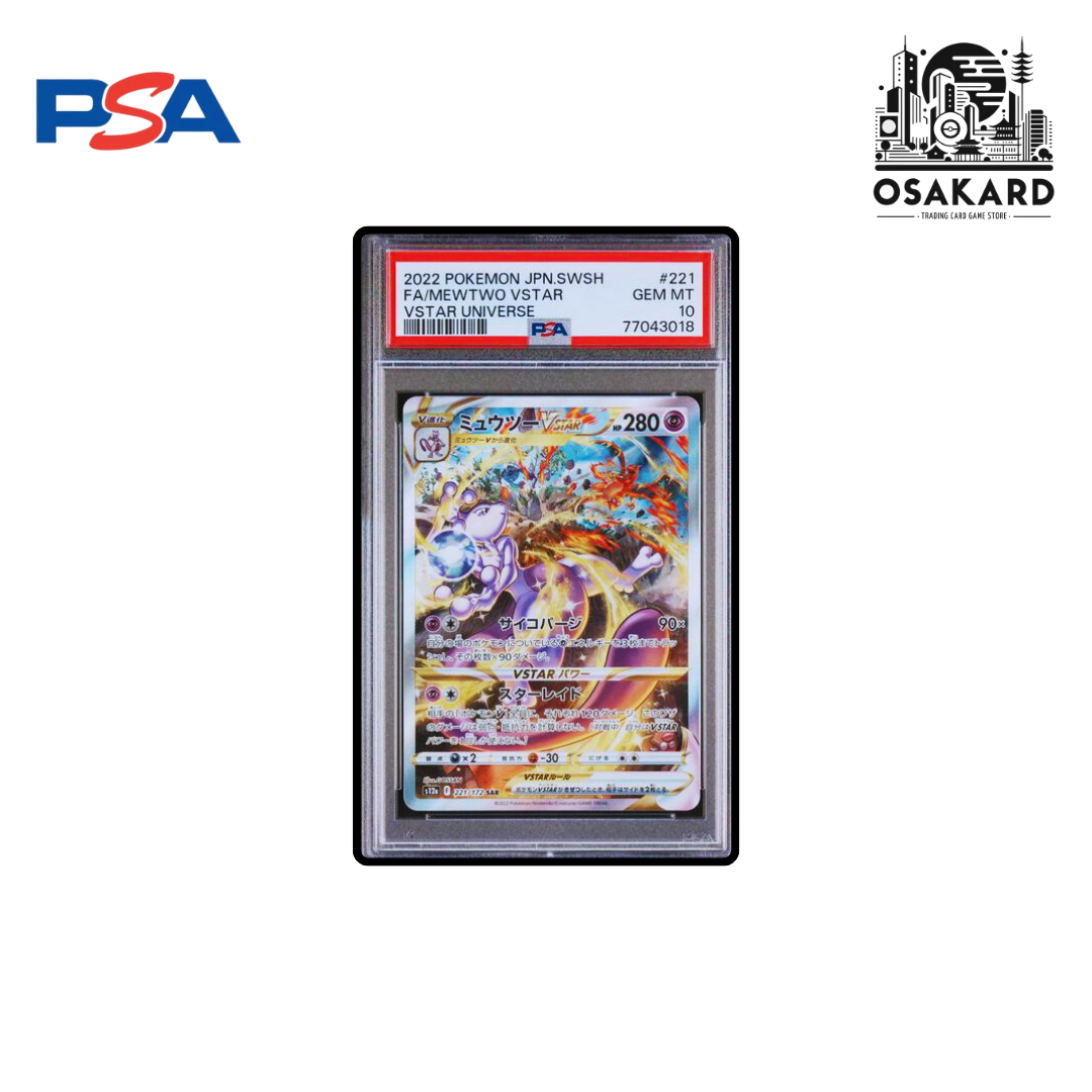 Carte Pokémon Mewtwo VSTAR SAR 221/172 S12a VSTAR Universe japonais, gradée PSA 10 GEM MINT slab scellé